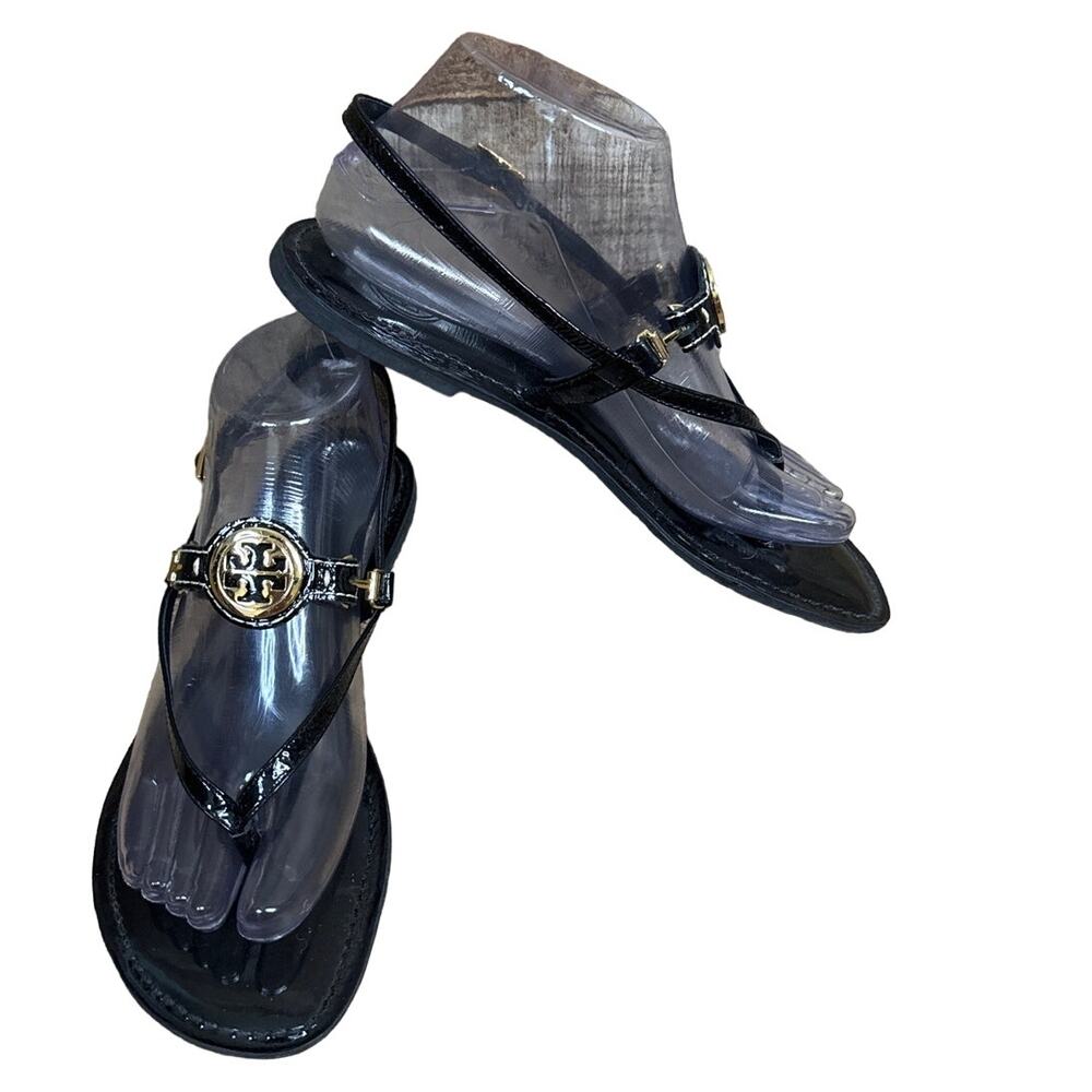 Tory Burch Ali Slingback Black Patent Leather Sandals Gold Metal Logo Size 8